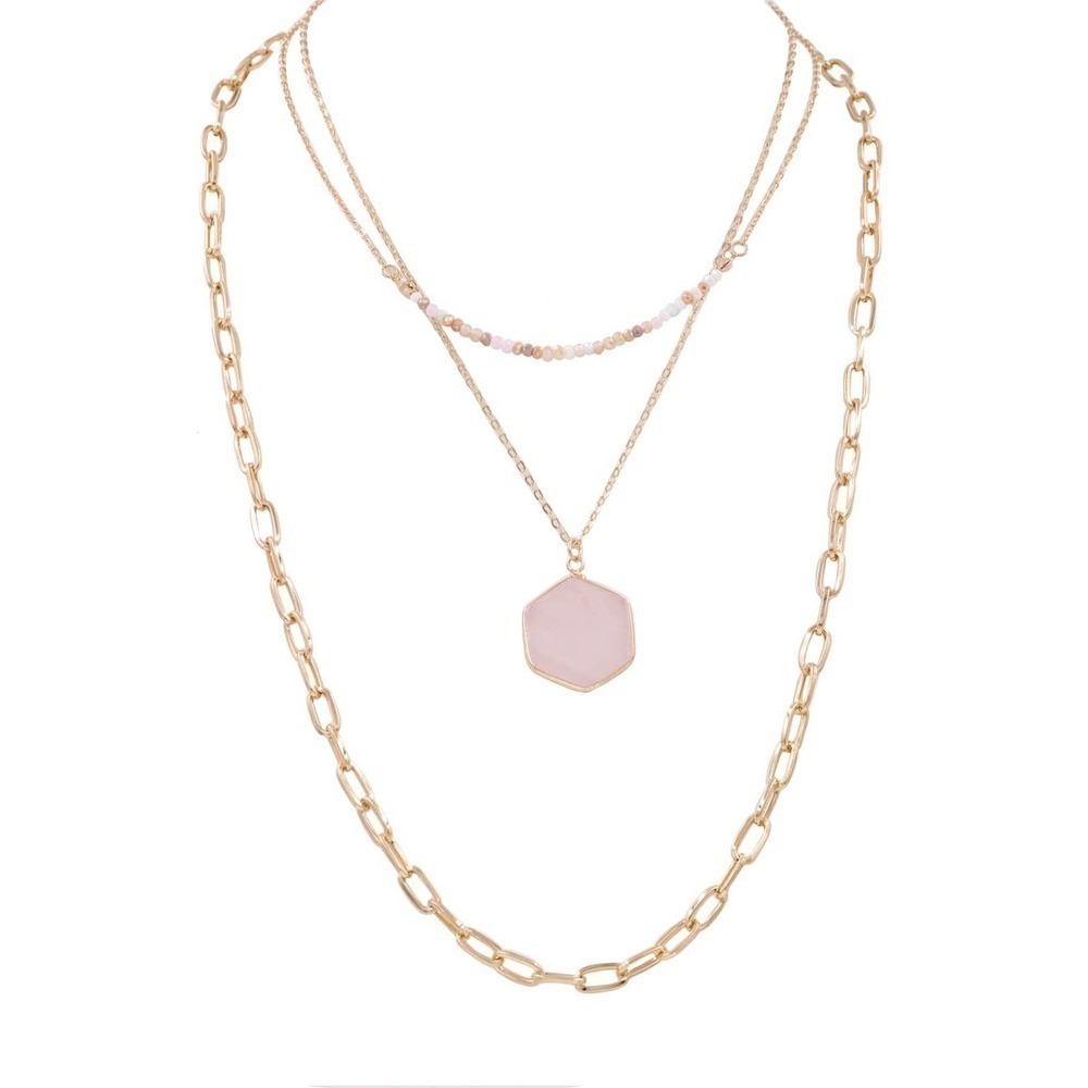 Layered Necklace 3 Piece Set Hexagon Pendant Pink Gold